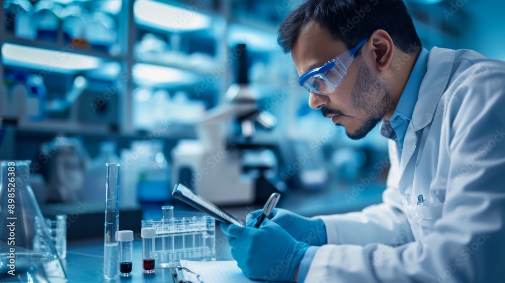 A scientist writing notes on a digital clipboard in a high-tech laboratory, emphasizing medical research and advanced scientific techniques.
