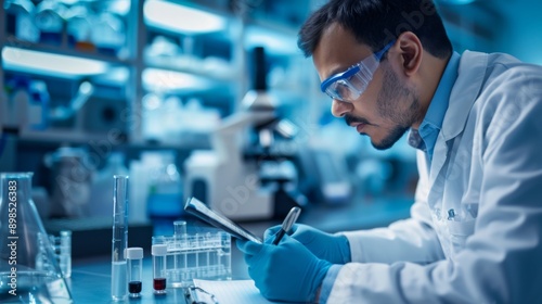 A scientist writing notes on a digital clipboard in a high-tech laboratory, emphasizing medical research and advanced scientific techniques.
 photo