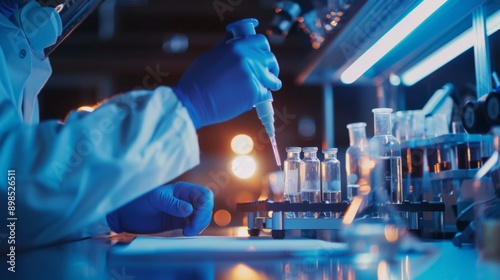 A scientist using a pipette in a high-tech laboratory, showcasing advanced scientific research and biotechnology techniques.
