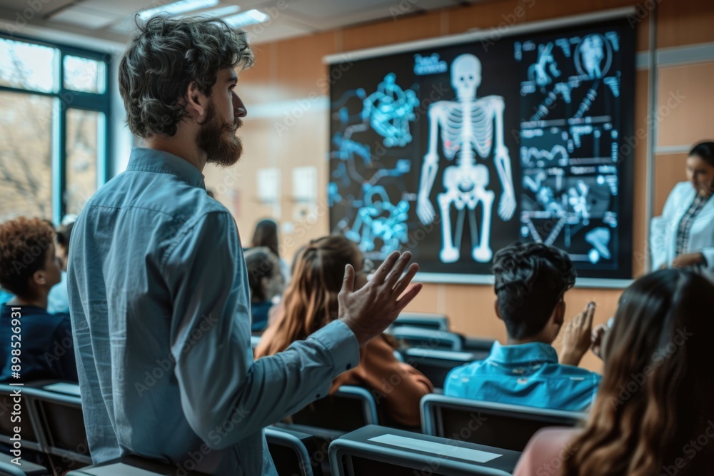 Students in class with professor and projector screen. Students in class with professor and projector screen.