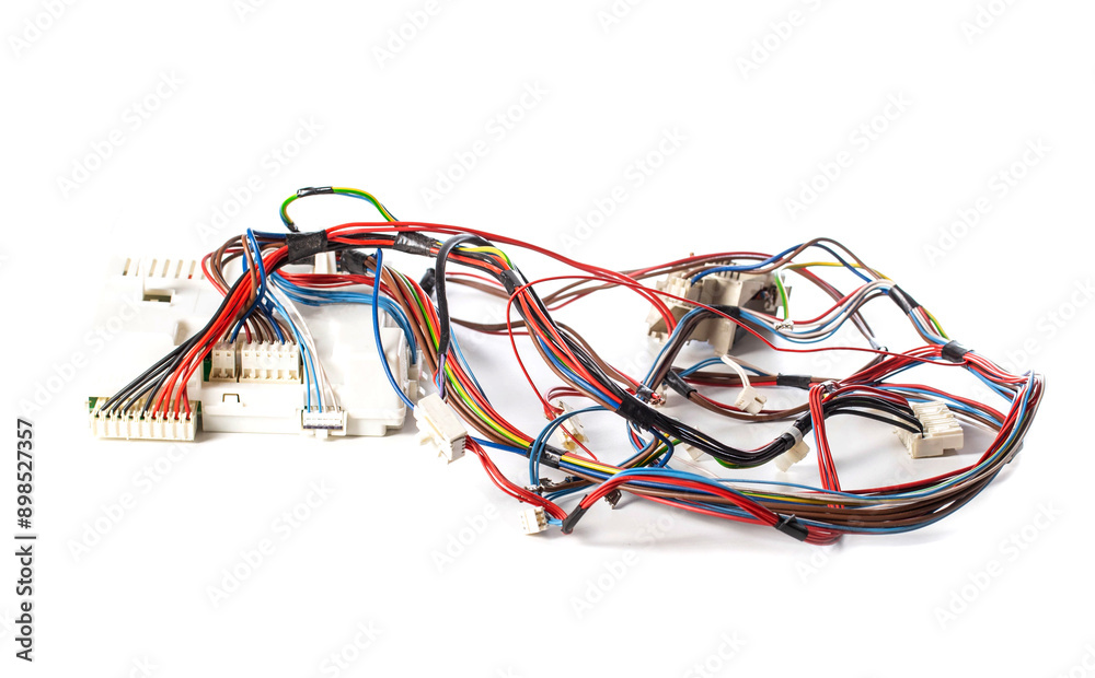 car wiring kit with electronic engine control unit on a white background, isolate, close-up car wiring kit with electronic engine control unit on a white background, isolate, close-up