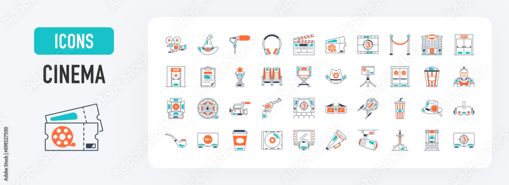 Cinema icon. Such as movie, theater, tv, popcorn, video clip, 3d glasses, film slate, sci fi, ticket, award, vip room, camera, sword, microphone, headset, seat, exit, disc, countdown vector icons. Cinema icon. Such as movie, theater, tv, popcorn, video clip, 3d glasses, film slate, sci fi, ticket, award, vip room, camera, sword, microphone, headset, seat, exit, disc, countdown vector icons.