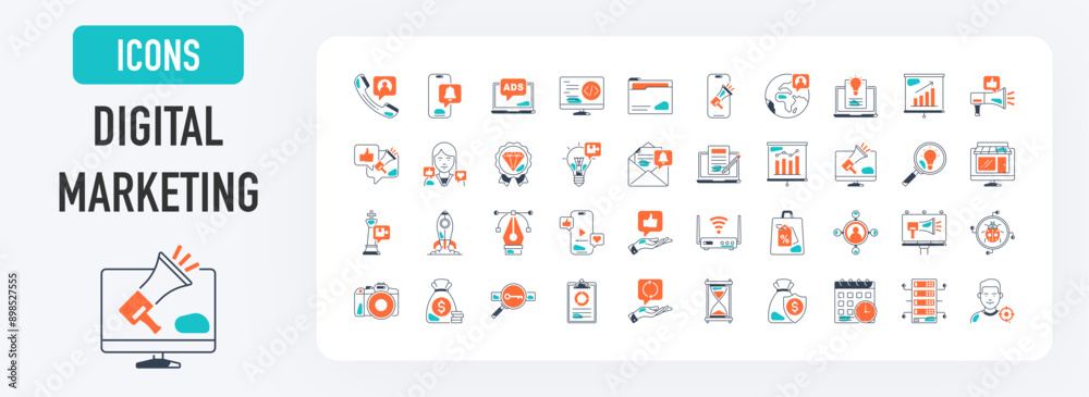 Digital marketing icon set. Such as seo, content, website, social media, sales, online advertising, notification, contact, viral, wifi, discount, survey, increase, global, mail vector icons collection Digital marketing icon set. Such as seo, content, website, social media, sales, online advertising, notification, contact, viral, wifi, discount, survey, increase, global, mail vector icons collection