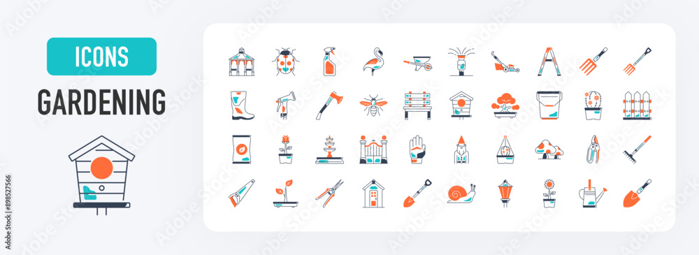 Gardening icon set. Such as ladder, gazebo, street lamp, bee, shed, cactus, flamingo, hose, axe, bench, bonsai, ladybug, snail, sunflower, bird, house, boots, bucket vector icons illustration.