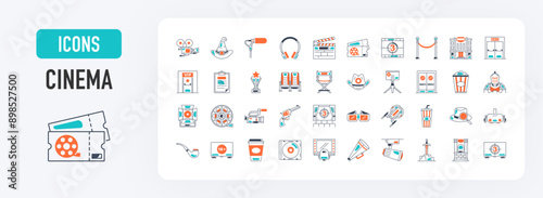 Cinema icon. Such as movie, theater, tv, popcorn, video clip, 3d glasses, film slate, sci fi, ticket, award, vip room, camera, sword, microphone, headset, seat, exit, disc, countdown vector icons.	