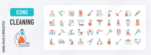 Cleaning icons set. Such as laundry, washing machine, vacuum, cleaner, iron, stain, kitchen, sprayer, air, razor, dryer, sofa, soap, broom, brush, feather, duster, steam vector icon.
