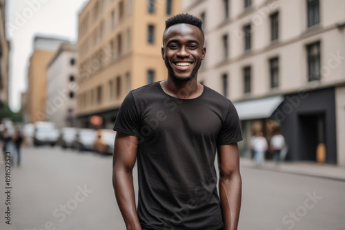 portrait of a smiling african american woman wearing blank black t-shirt mockup on blurred morning city background