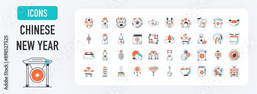 Chinese new year icon. Such as lunar year, mask, emperor, teapot, dragon, flower, peking, carps, dumpling, envelope, red, calendar, hat, money, cymbals, drum, firecracker vector icons illustration.	