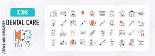 Dental care icon set. Such as binoculars, toothache, medicine, clinic, syringe, braces, checkup, floss, dentist, mirror, scalpel, autoclave, breath, implant, scissor vector icons illustration