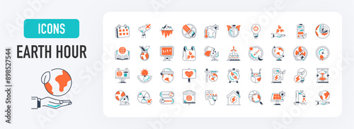 Earth hour icons set. Such as climate change, ecology, green energy, park, weather, global warming, renewable energy, greenhouse, melting ice, battery, pollution, outdoor activity vector illustration