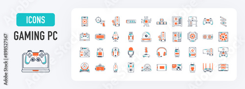 Gaming pc icon set. Such as case, graphic card, ssd, cpu, computer, motherboard led strip, fan, game controller, headset, router, power, laptop, disk, joystick, drive vector icons. 