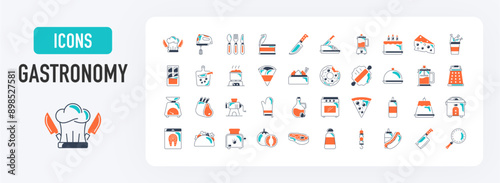 gastronomy icons set. Such as apple, steak, menu, oyster, fast food, lemon, coffee beans, gin, lime, taco, chef, knife, leg, hot dog, lamb, cutlery, cake, blender vector illustration.