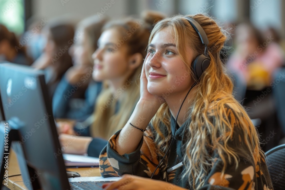 Mid adult student engaged in computer class at university. Mid adult student engaged in computer class at university.