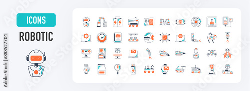 Robotic icons set. Such as machine, delivery, bot, battery, learning, brain, ai, head, technology, welder, surgery robot, chatbot, drone, 3d printer, driller, leg, memory vector icon illustration. 	