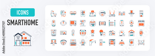 Smart house icons set. Control of lighting, heating, air conditioning, voice assistant, window, robot vacuum cleaner, home automation, remote, monitoring, field symbols vector icon illustration.	