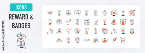 Reward & badge icon set. Such as award, number, one, trophy cup, winner, medal, coupon, gift, archery, music, champion belt, bowling, ribbon, diploma, sport, badminton, star vector icons illustration