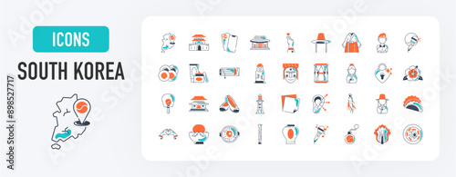 South korea icon set. Such as anok, hat, korean, kimchi, fan, mask, ginseng, bibimbap, gayageum, gimbap, hwaseong, key chain, hanbok, kpop, komusin, lighthouse, love vector icons illustration.	