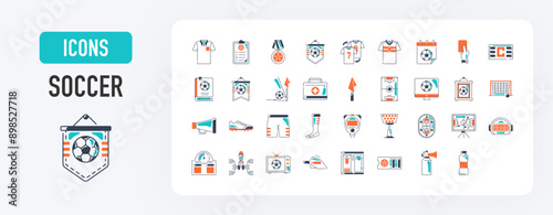 Soccer icon set. Such as football, captain, team flag, card, analyst , air horn, goal, jersey, medal, megaphone, referee, shoes, stadium, stopwatch, score board vector icons illustration.	
