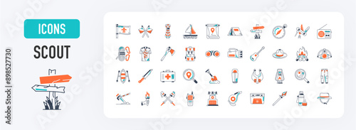 Scouts icons set. Solid icon such as tent, shore, beanie, animal, life vest, fleur de lis, wristwatch vector illustration. 