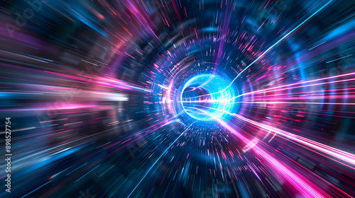 Abstract Digital Tunnel With Neon Lights And Blurry Motion