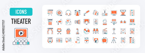 Theater icons set. Such as icon as cinema, film, movie, tv, video, camera, cd, music player, tickets, television, 3d goggles vector illustration.	
