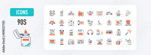Retro 90s icons set. Such as pizza, television, cellphone, headphone, alarm, radio, microphone, camera, liten lamp vector icon illustration.	
