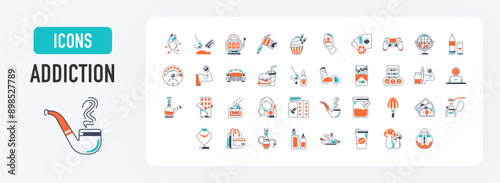 Set of alcohol addiction. Such as education and Ethics icons for web app. Include casino, beauty, game, tattoo, food icons vector illustration.	