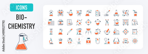 Set of biochemistry icons. Science, experiment, physics, botany, lab, coat, microscope, certificate, chemical, scientific activity elements - icon collection. Simple vector illustration.	
