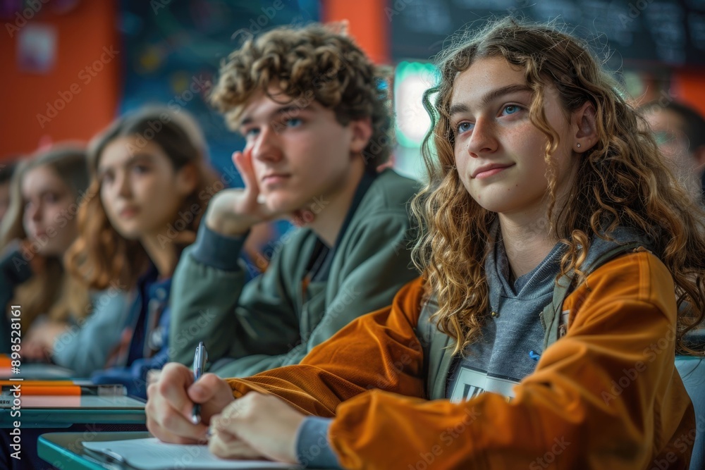 Fototapeta premium High school students taking notes in classroom.