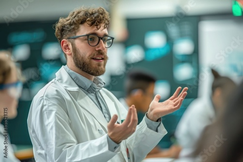 Male professor teaching lecture during IT class in the classroom at high school. photo