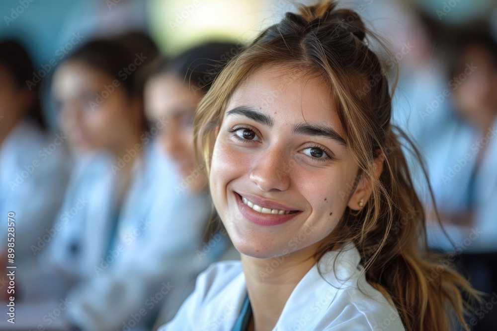 Happy medical student in university class. Happy medical student in university class.