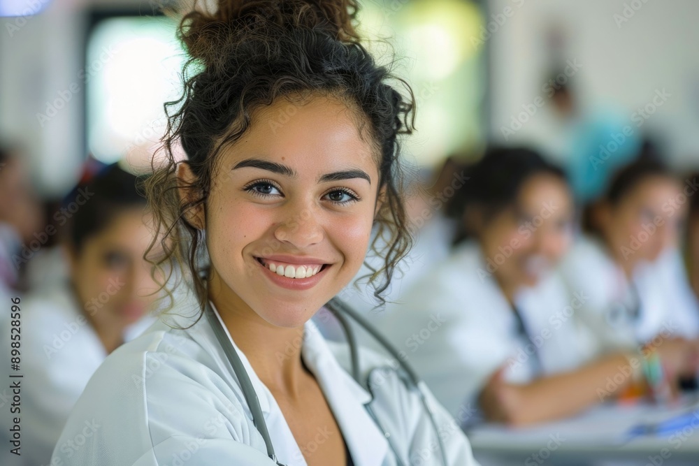 Happy medical student in university class. Happy medical student in university class.