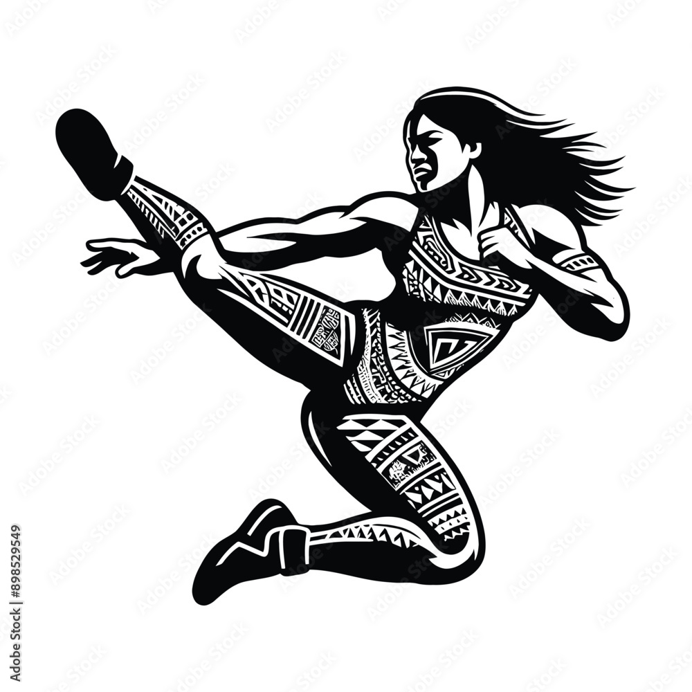 Fototapeta premium Wrestling female player in ethnic polynesia pattern illustration, emblem shield badge