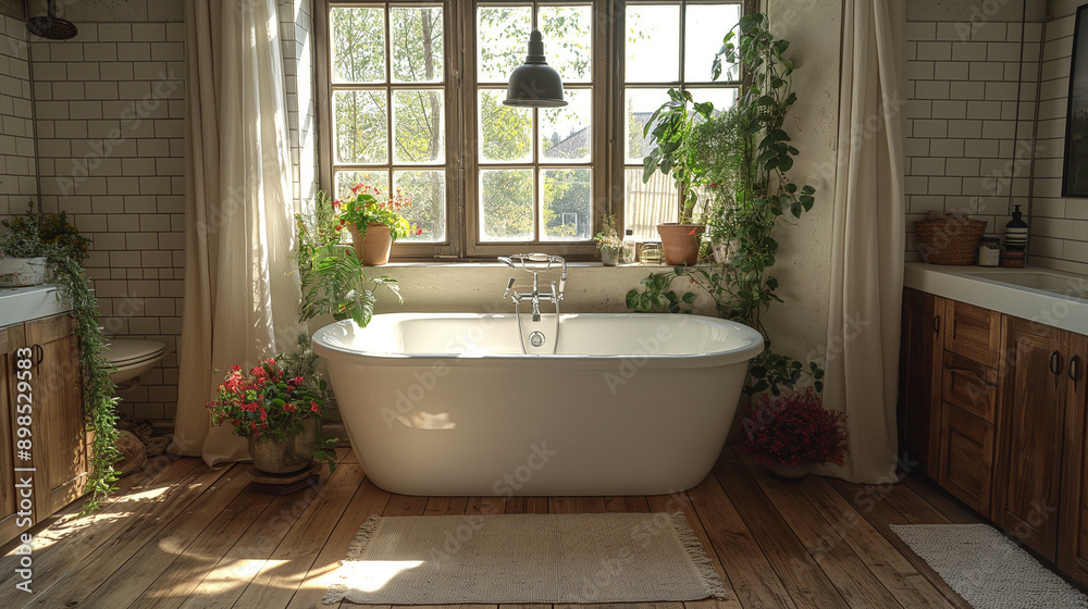 A bathroom for family washing, with a washbasin against the wall, a foldable black square mirror on the washbasin wall, a window on the side wall, curtains next to the window, a bathtub, A bathroom for family washing, with a washbasin against the wall, a foldable black square mirror on the washbasin wall, a window on the side wall, curtains next to the window, a bathtub,