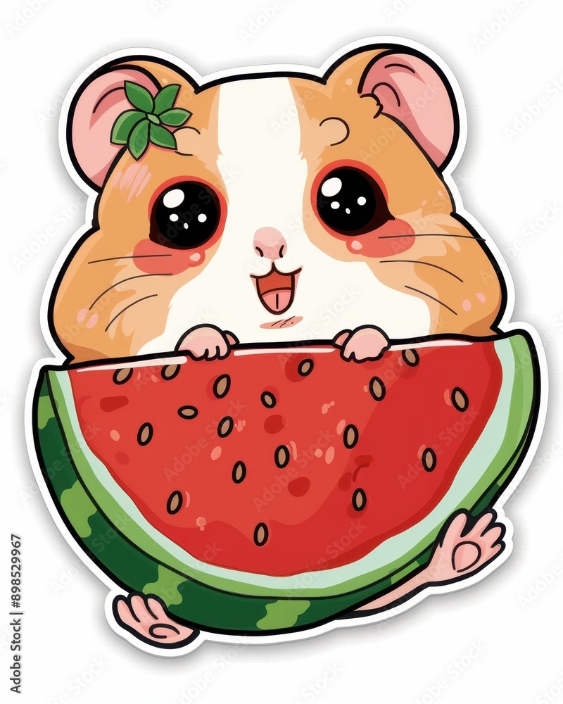 Cute cartoon hamster munching on a juicy slice of watermelon with big adorable eyes, bright colors, and a happy expression. Cute cartoon hamster munching on a juicy slice of watermelon with big adorable eyes, bright colors, and a happy expression.