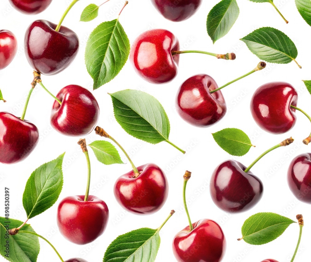 Red cherry with green leaves on white background, selective focus.