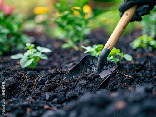 A worker digs black soil with a shovel in the garden