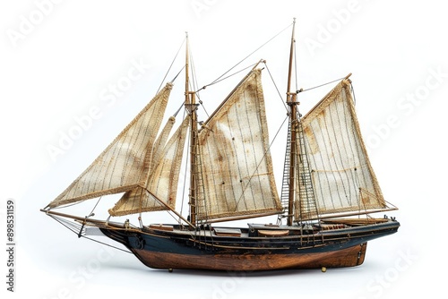 Antique model sailing ship isolated with clipping path.