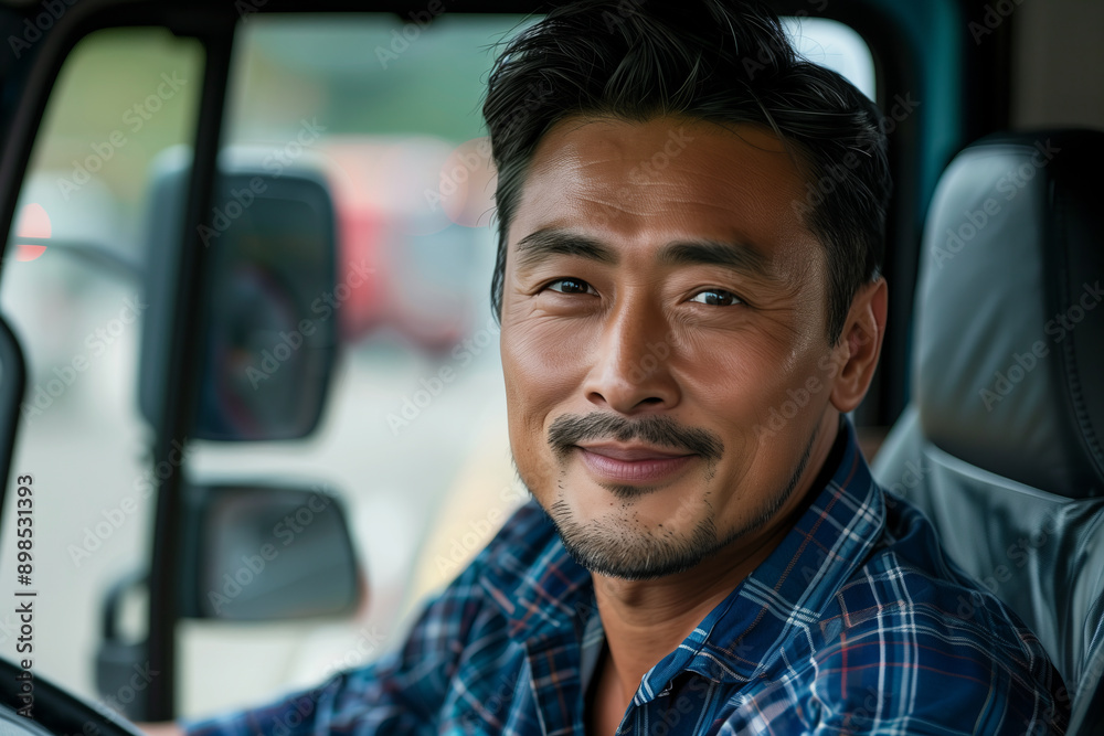 Asian man drives truck with confidence. Asian man drives truck with confidence.