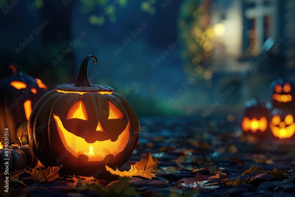 Glowing orange pumpkin face, carved symbol of autumn horror, illuminates dark garden night halloween 3d background
Glowing orange pumpkin face, carved symbol of autumn horror, illuminates dark garden night halloween 3d background