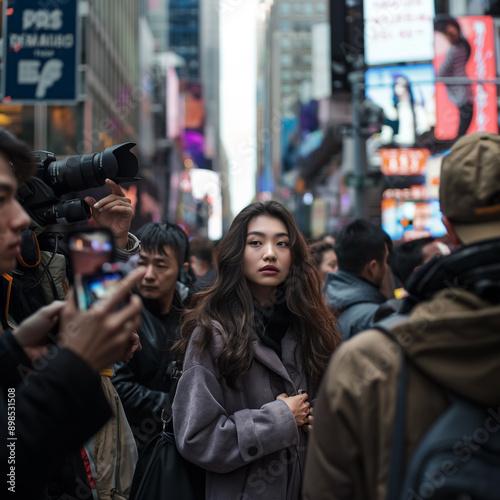 Fashion model in a busy urban environment