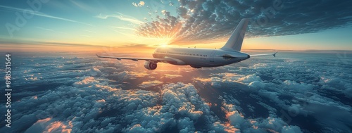 Flying airplane at sunrise,...