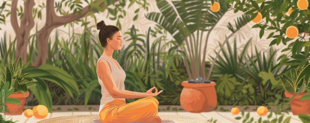 Fototapeta premium Tranquil Woman Meditating in Serene Garden for Stress Relief Practice, Wearing Lucky Orange