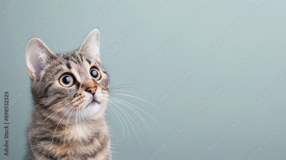CopySpace Adorable Tabby Cat with Big Eyes Against Light Blue Background, Pet Portrait, Feline Curiosity, Cat Lovers, Animal Photography, Cute Kitten Staring, Whiskers Focus, Domestic Pet Stock Image CopySpace Adorable Tabby Cat with Big Eyes Against Light Blue Background, Pet Portrait, Feline Curiosity, Cat Lovers, Animal Photography, Cute Kitten Staring, Whiskers Focus, Domestic Pet Stock Image