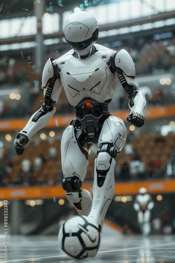 A robot is kneeling down on a soccer field and is about to kick a soccer ball A robot is kneeling down on a soccer field and is about to kick a soccer ball
