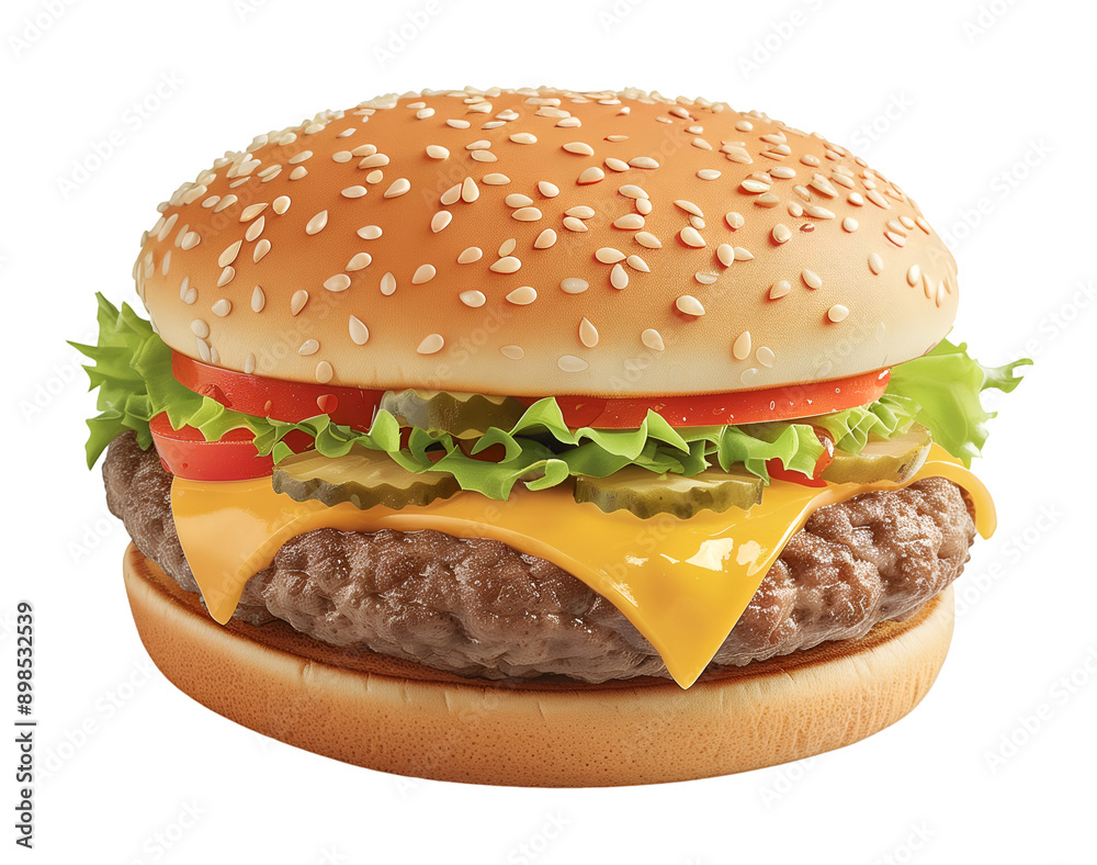 High-Quality Image of a Classic Cheeseburger with Lettuce, Tomato, Cheese, and Onion on a Sesame Seed Bun High-Quality Image of a Classic Cheeseburger with Lettuce, Tomato, Cheese, and Onion on a Sesame Seed Bun