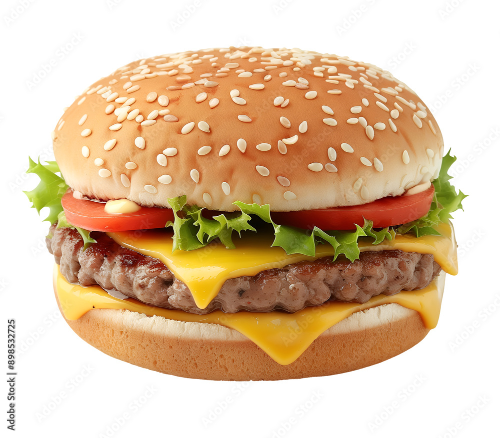 High-Quality Image of a Classic Cheeseburger with Lettuce, Tomato, Cheese, and Onion on a Sesame Seed Bun High-Quality Image of a Classic Cheeseburger with Lettuce, Tomato, Cheese, and Onion on a Sesame Seed Bun