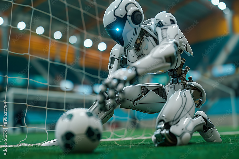 A robot is kneeling down on a soccer field and is about to kick a soccer ball