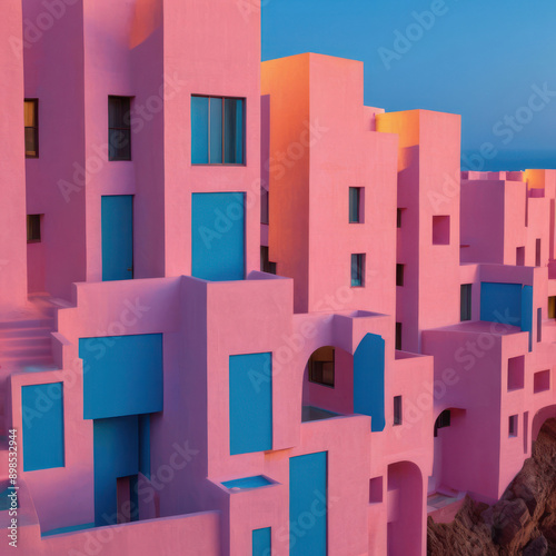 Close Up Of Coastal Homes. Beautiful Postmodern Buildings. Pink Walls Of Buildings In Sunset Light. photo