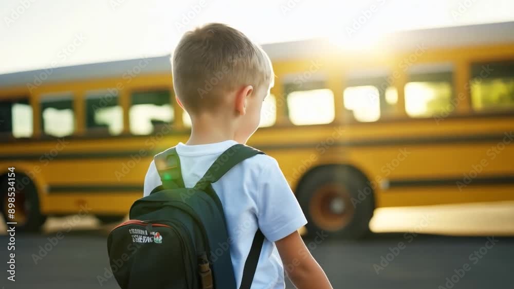 A young boy with a backpack stands on the side of the road waiting for the school bus. The sun is setting behind him and the bus is parked in the background.